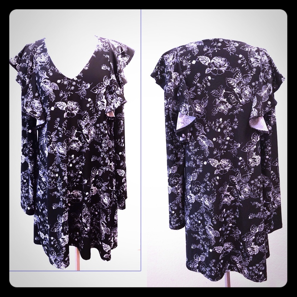 Free Press Ruffled Floral Long Sleeve Shift Dress